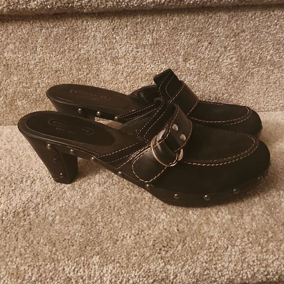 Coach "Raina" Black Wooden & Faux Suede Heel Studded Clogs Size 7B - Picture 1 of 11